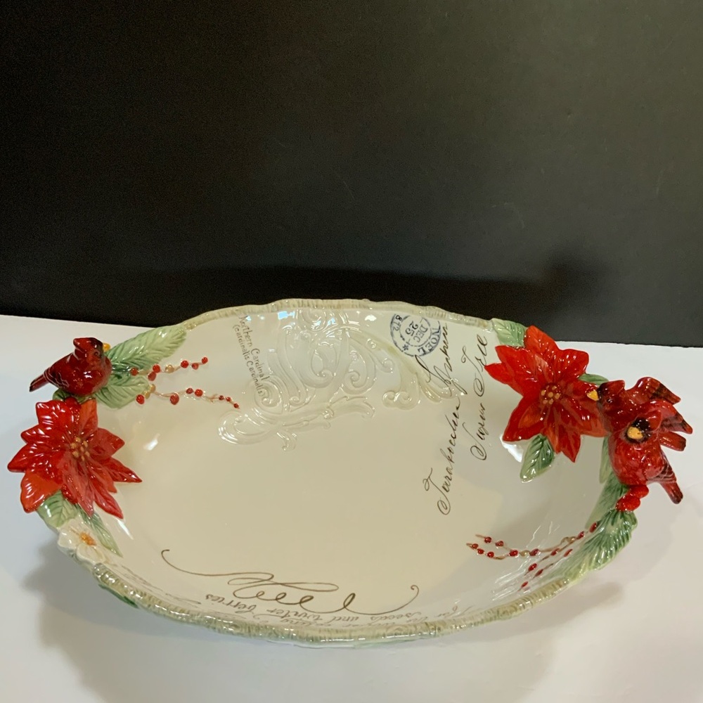 Fitz and Floyd Centerpiece Cardinal Birds Poinsettia Christmas 20 X 13 NOS